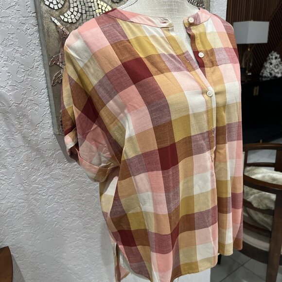 Loft Plaid Short Sleeve Button-Front Blouse Size S Pink/Yellow/Red - Picture 3 of 7
